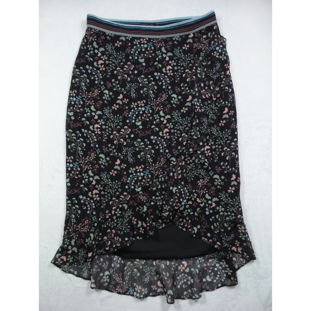 Ted Baker London Skirt Womens Size 3 (8-10 US) Black Floral Ruffle Wrap Side Zip
